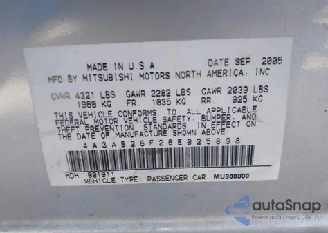 2006 Mitsubishi Galant De from USA, damaged, VIN 4A3AB26F26E025898
